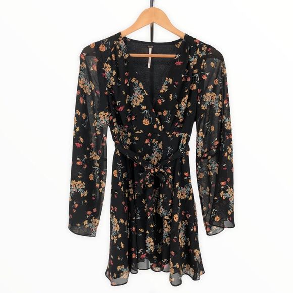 Free People Lilou Black Floral Print Mini Dress Belted Long Bell Sleeves - Picture 2 of 11